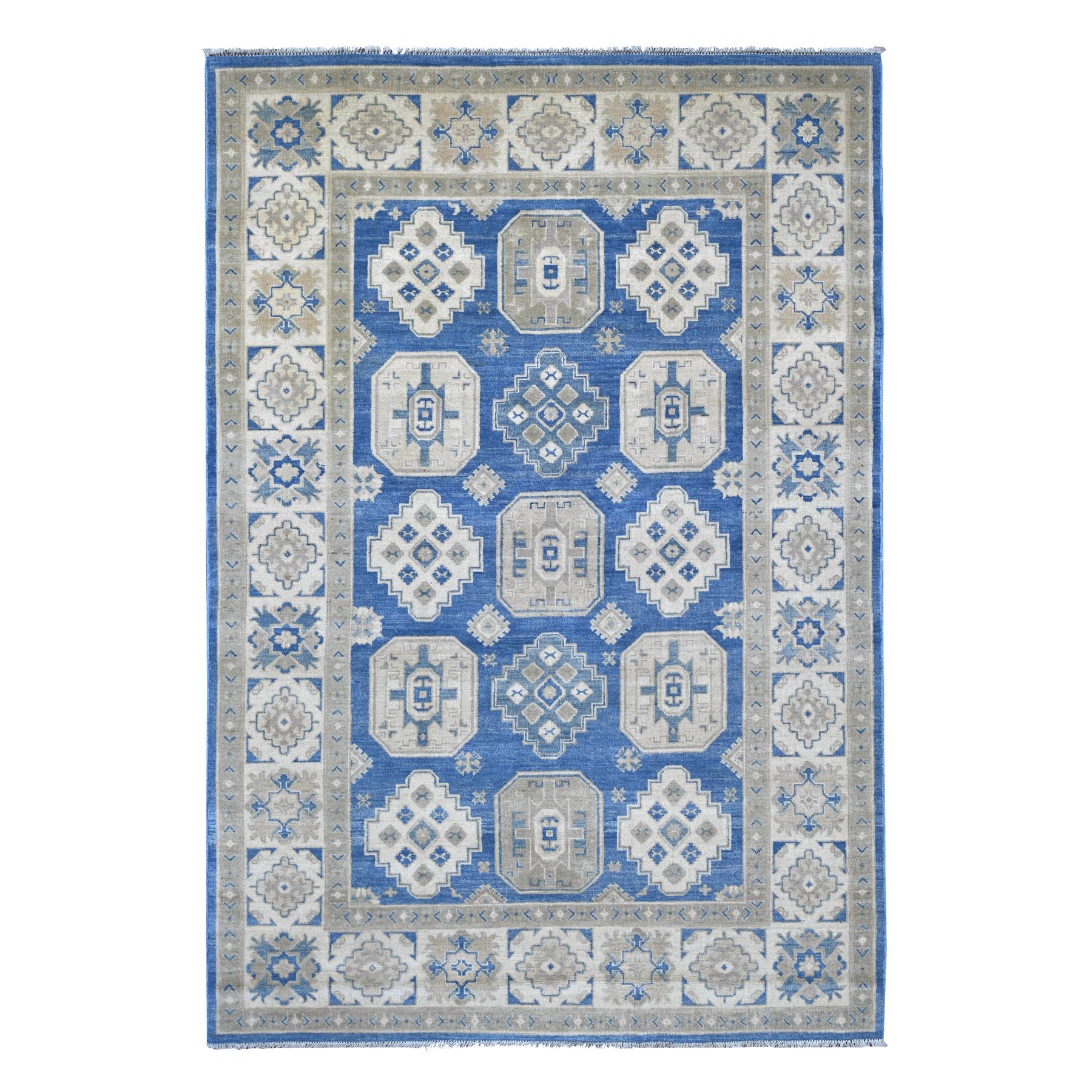 5'10"x8'8" Bayern Blue, Vintage Look Kazak with Geometric Floral Elements, 100% Wool, Hand Knotted, Natural Dyes, Oriental Rug 